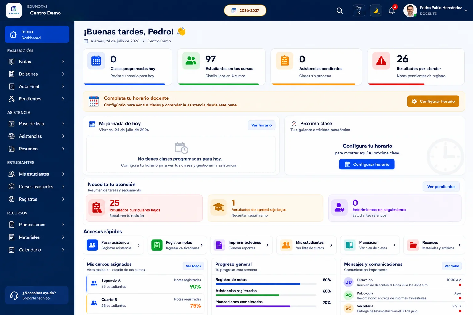 Dashboard para docentes en EduNotas